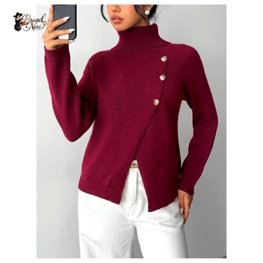 Polyester Knit Button Wrap Turtleneck Pullover Sw… - image 5